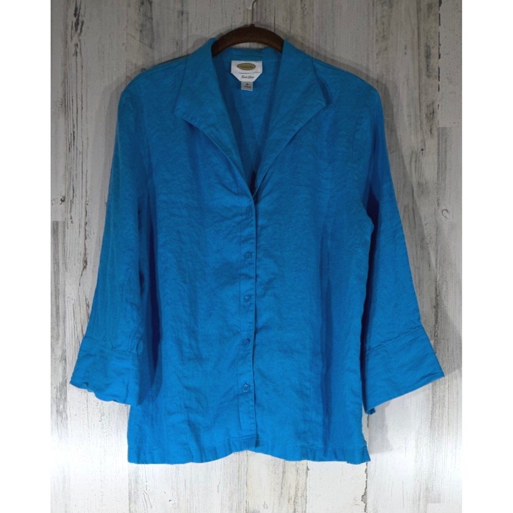 Talbots Irish Linen Button Up Shirt Blue 3/4 Coastal Beachy Office Preppy READ